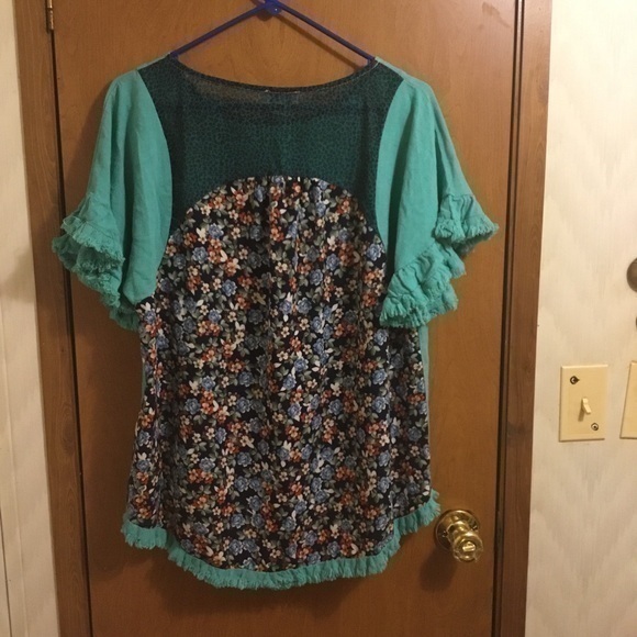 Green 70s Bohemian Leopard Flower Linen Print Floral Fringe Short Sleeve Shirt S - Picture 1 of 6
